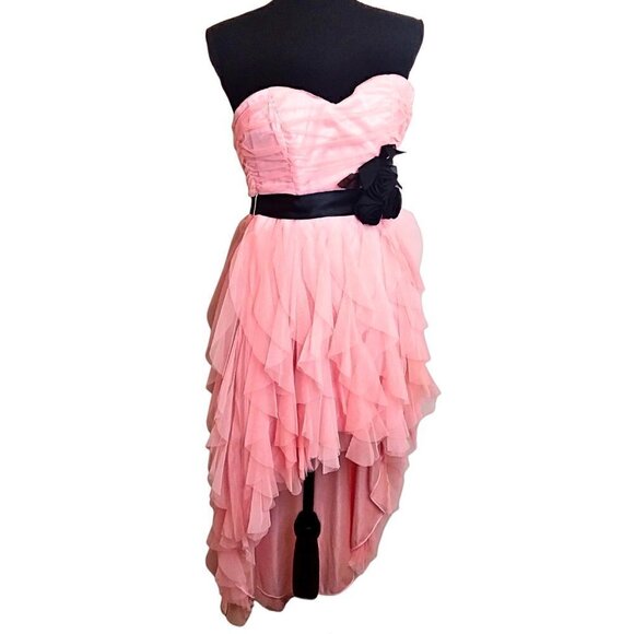 Dresses & Skirts - PINK ORGANZA HIGH-LOW PARTY DRESS W/ BLACK ROSETTE FLOWER WAIST BELT